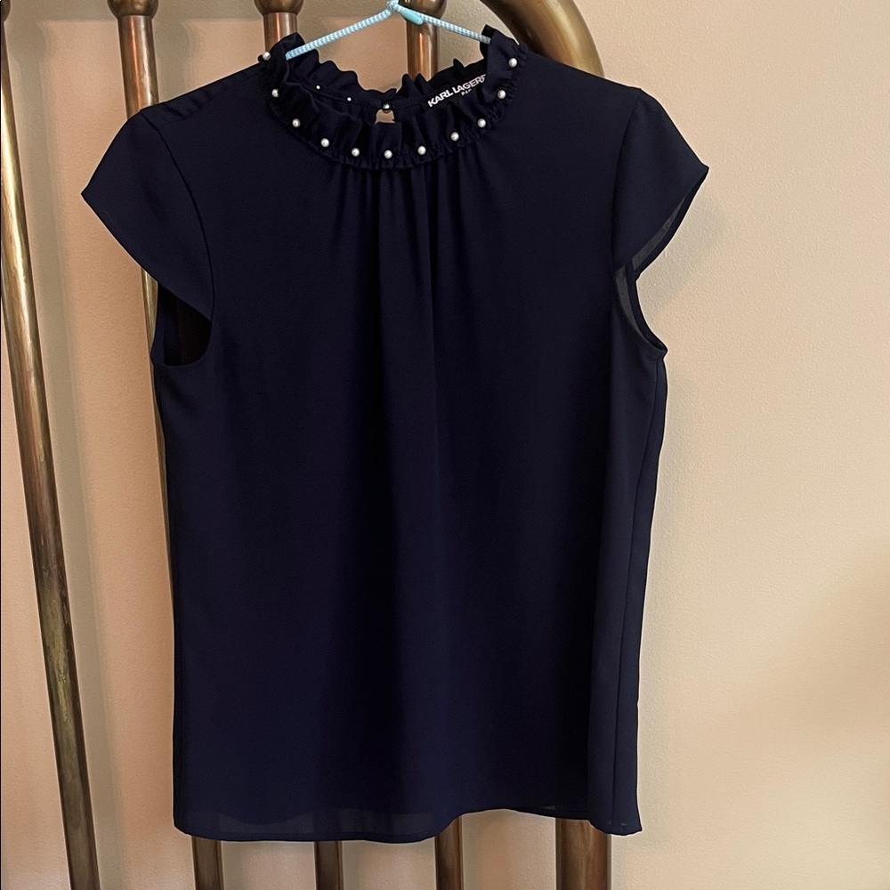 Elegant, lovely navy blue blouse with pearls